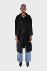 Black faux mink fur belted long coat