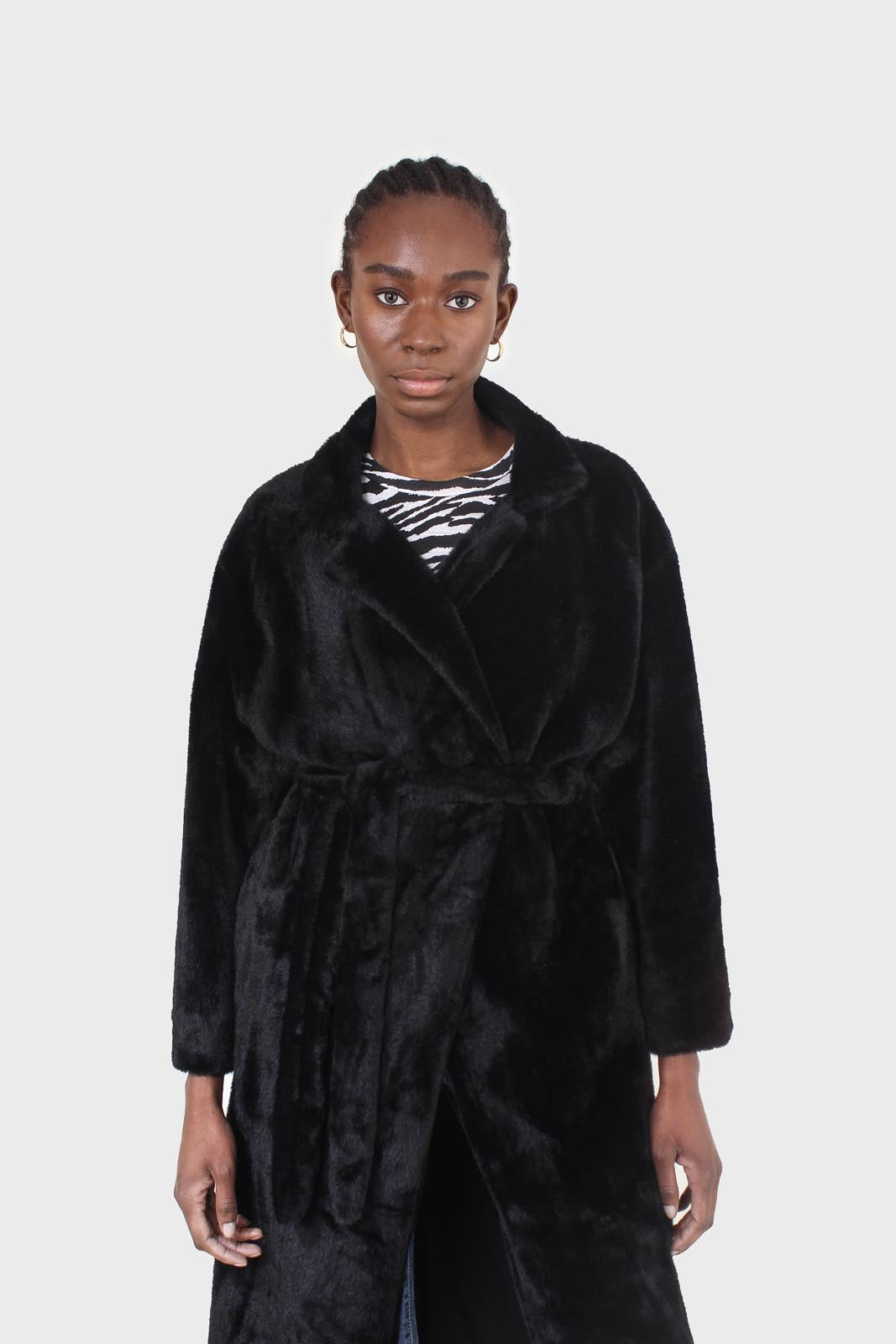 Black faux mink fur belted long coat