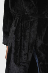 Black faux mink fur belted long coat