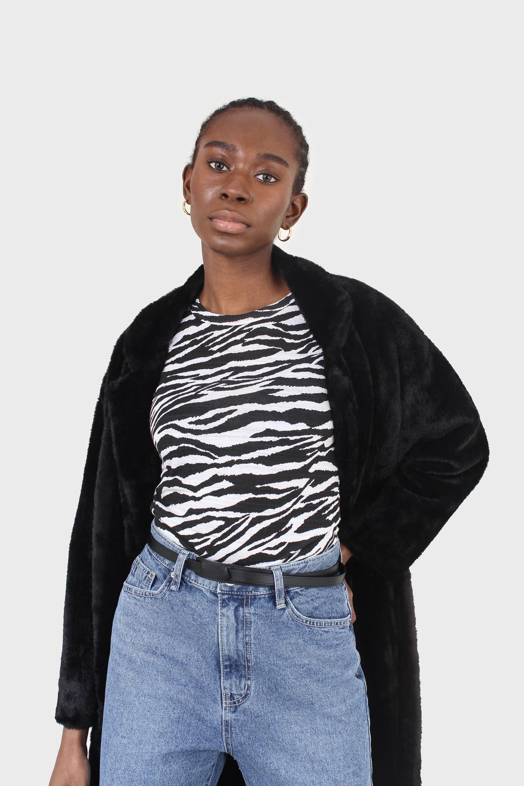 Black faux mink fur belted long coat