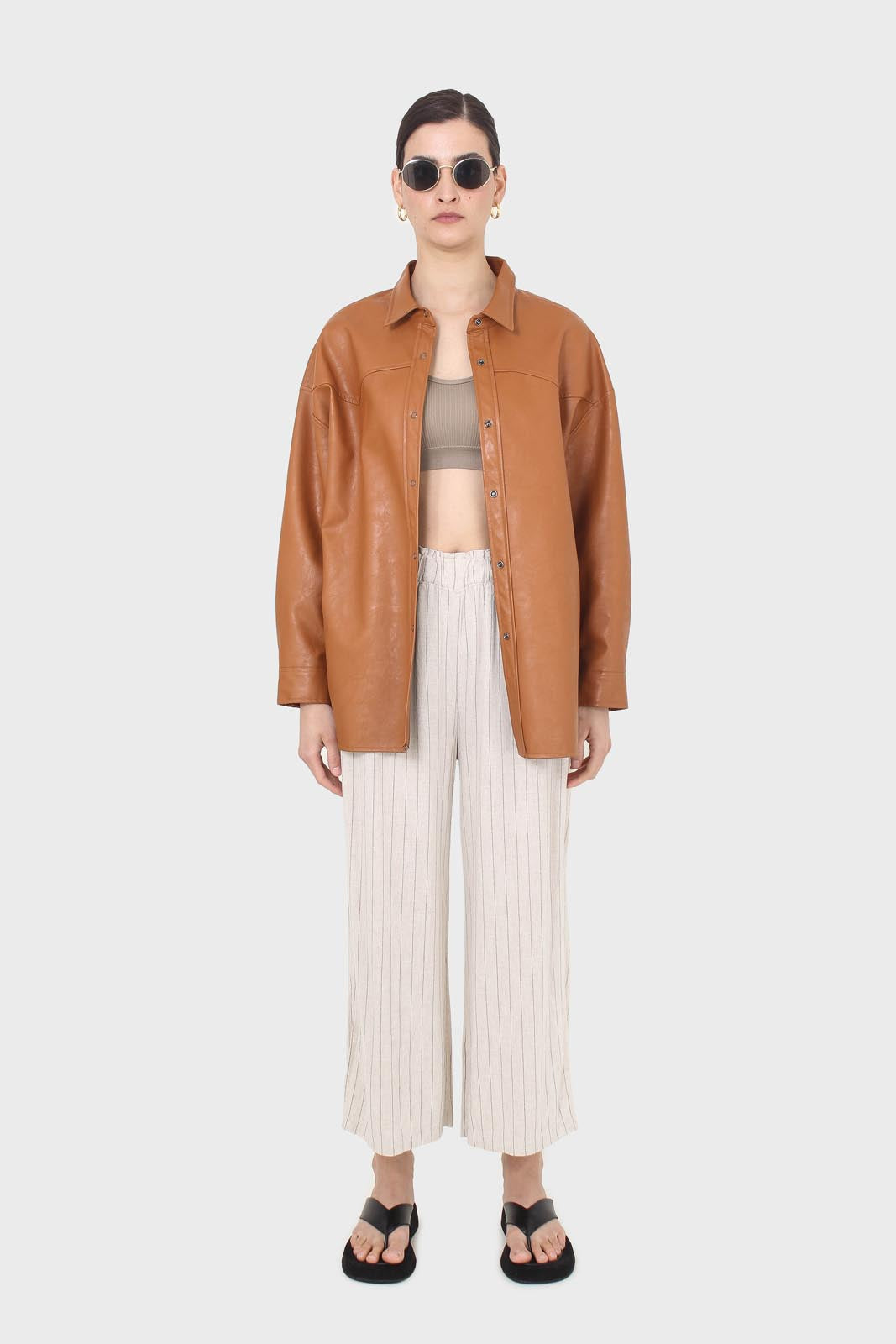 Camel vegan leather oversized shirt