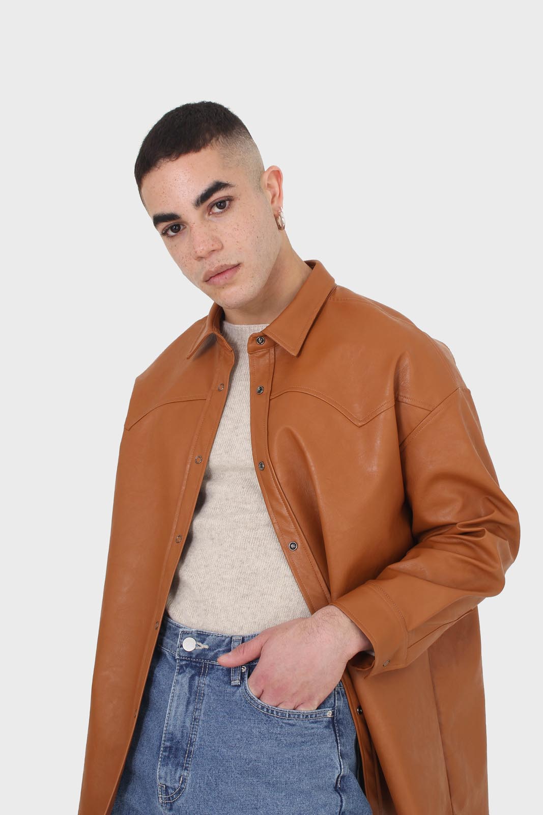 Camel vegan leather oversized shirt
