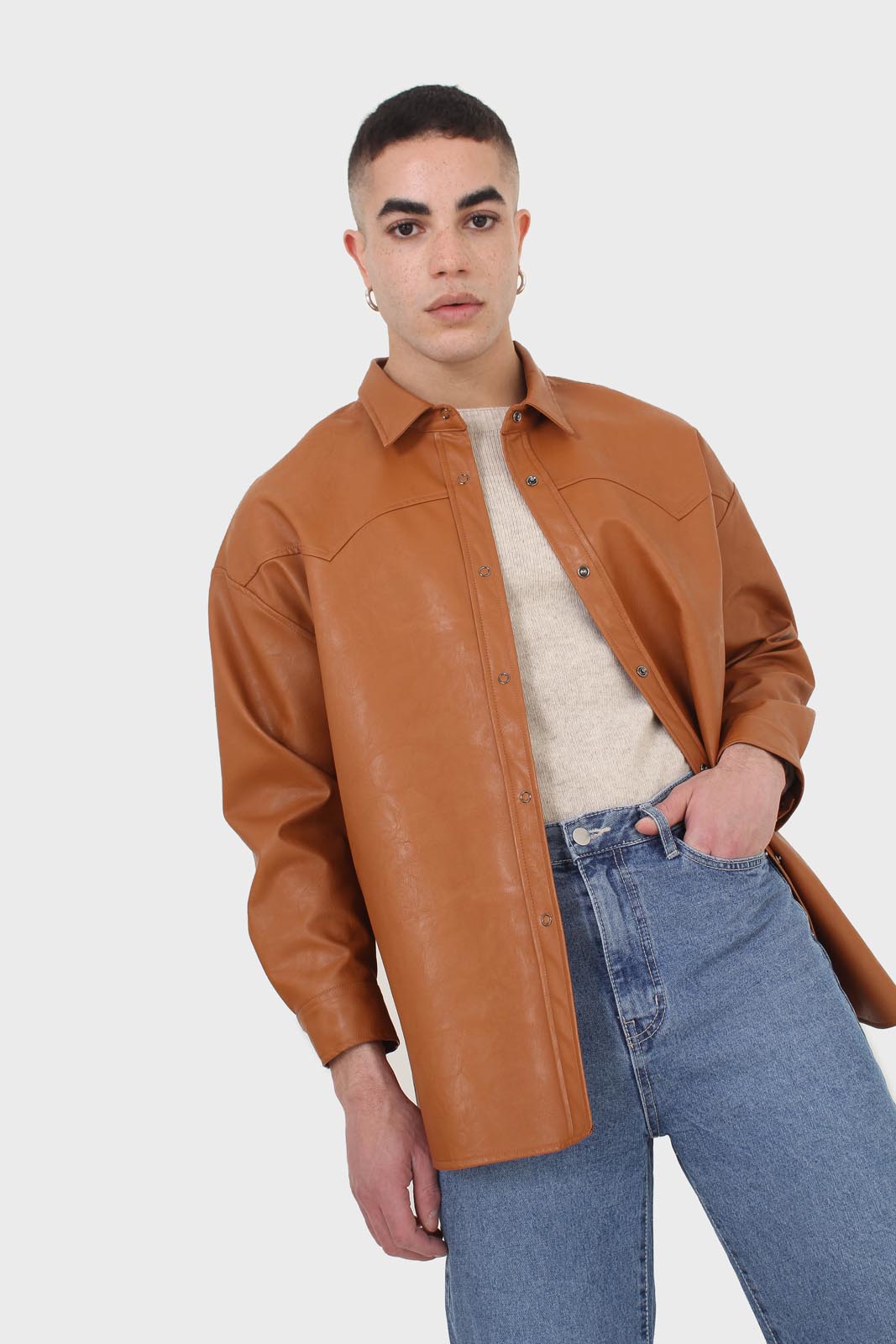 Camel vegan leather oversized shirt