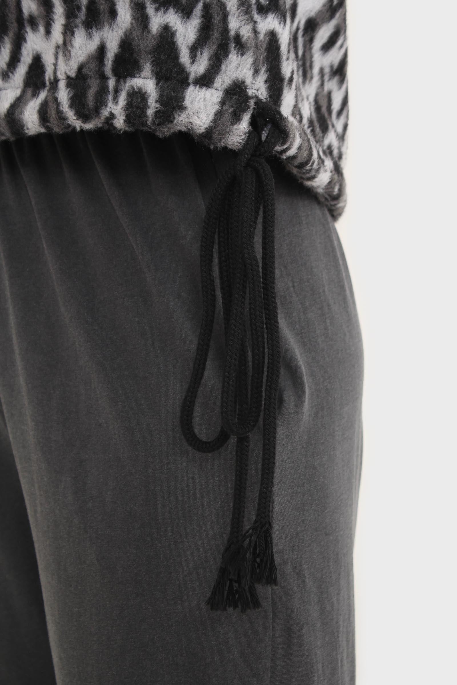 Black leopard brushed string hem sweatshirt