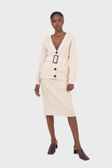 Ivory ribbed belted dark button half cardigan