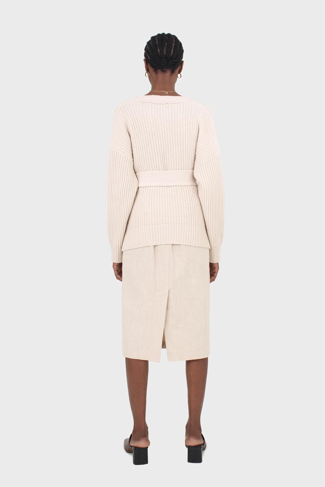 Ivory ribbed belted dark button half cardigan