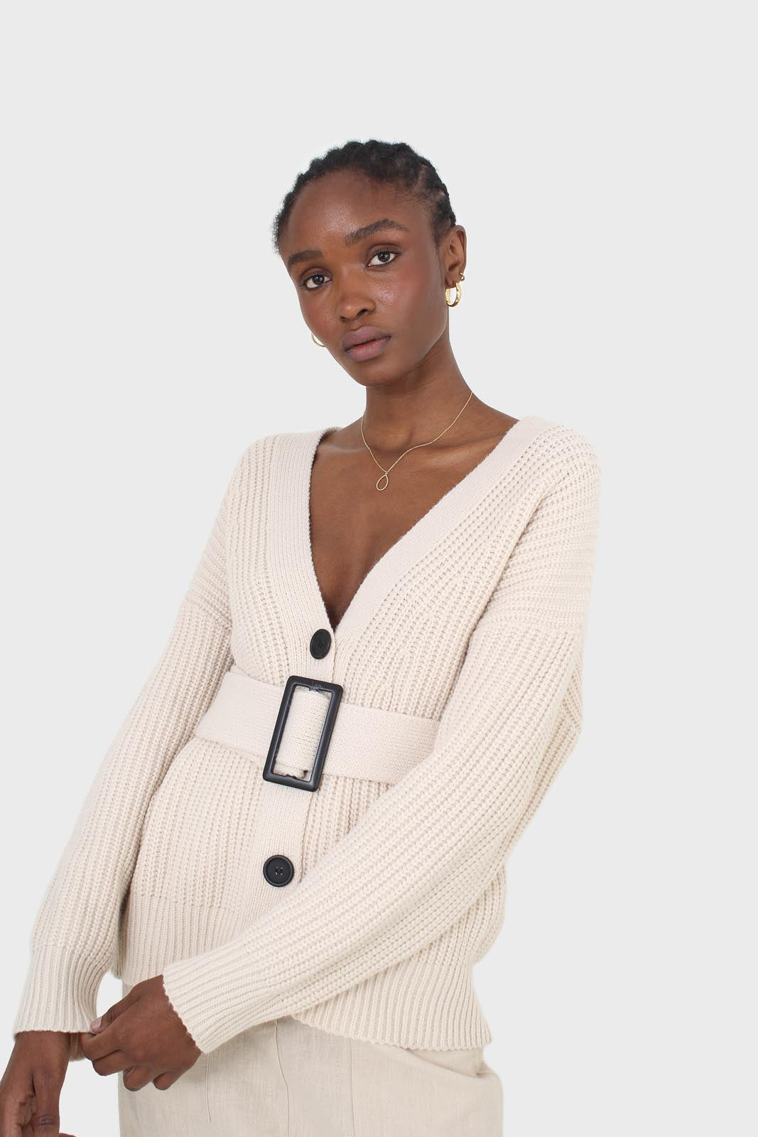 Ivory ribbed belted dark button half cardigan