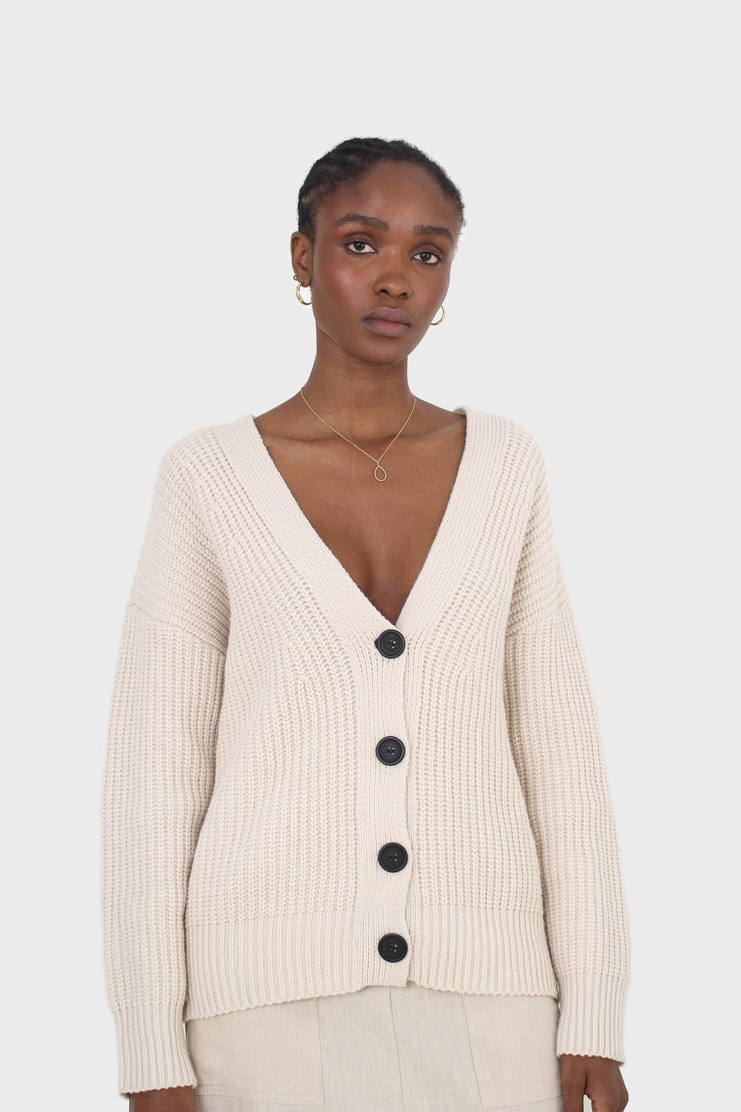 Ivory ribbed belted dark button half cardigan