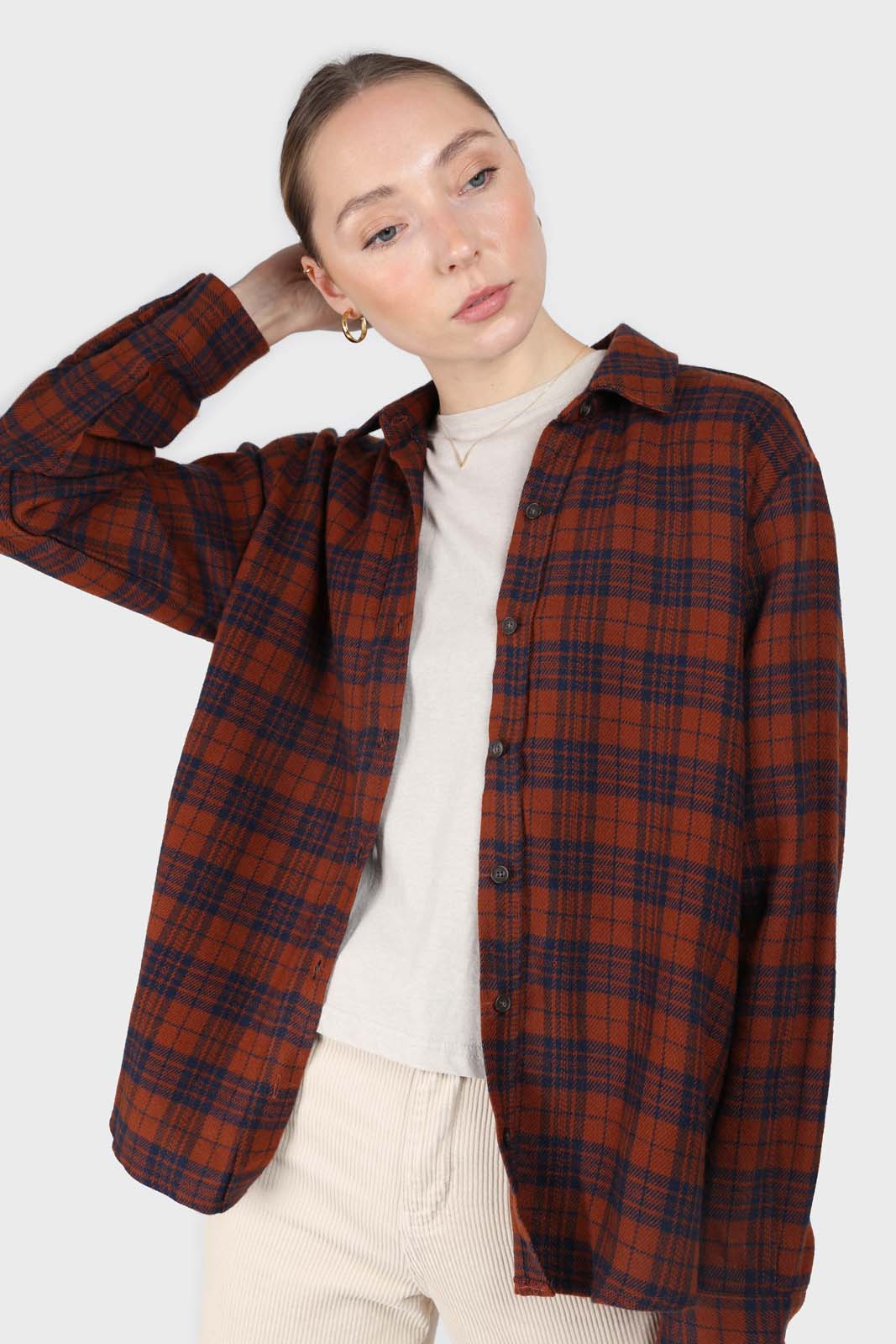 Brown and navy checked loose fit shirt