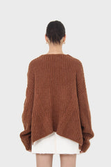 Brown deep V-neck cableknit oversized jumper