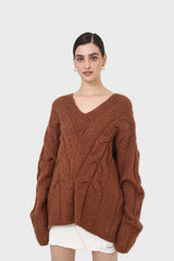 Brown deep V-neck cableknit oversized jumper