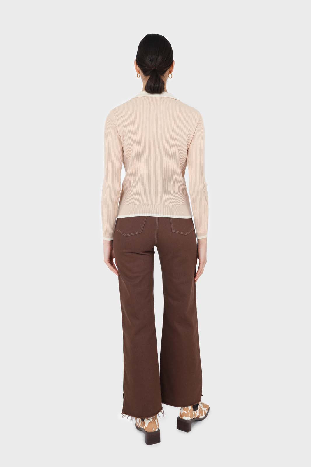 Brown and ivory contrast stitch flare trousers