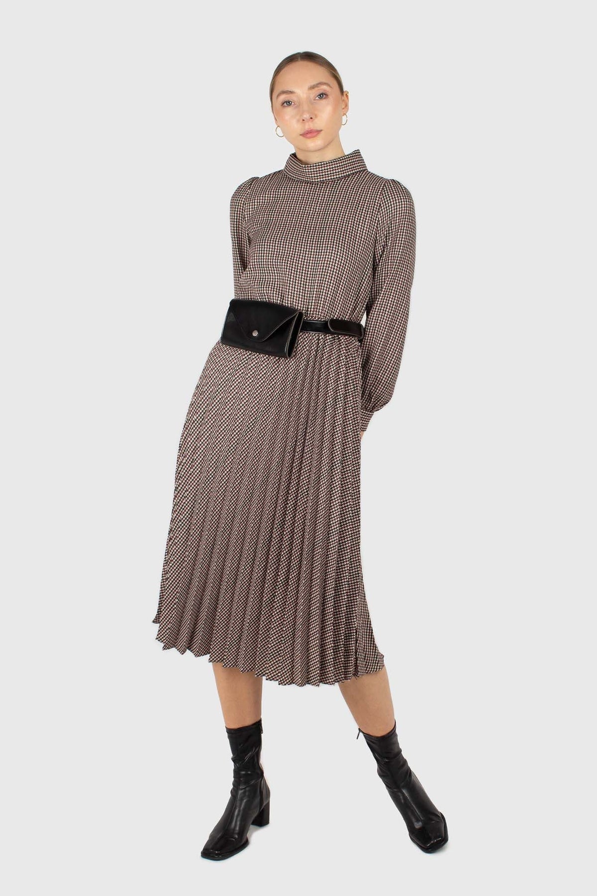 Black and burgundy houndstooth wool belted dress