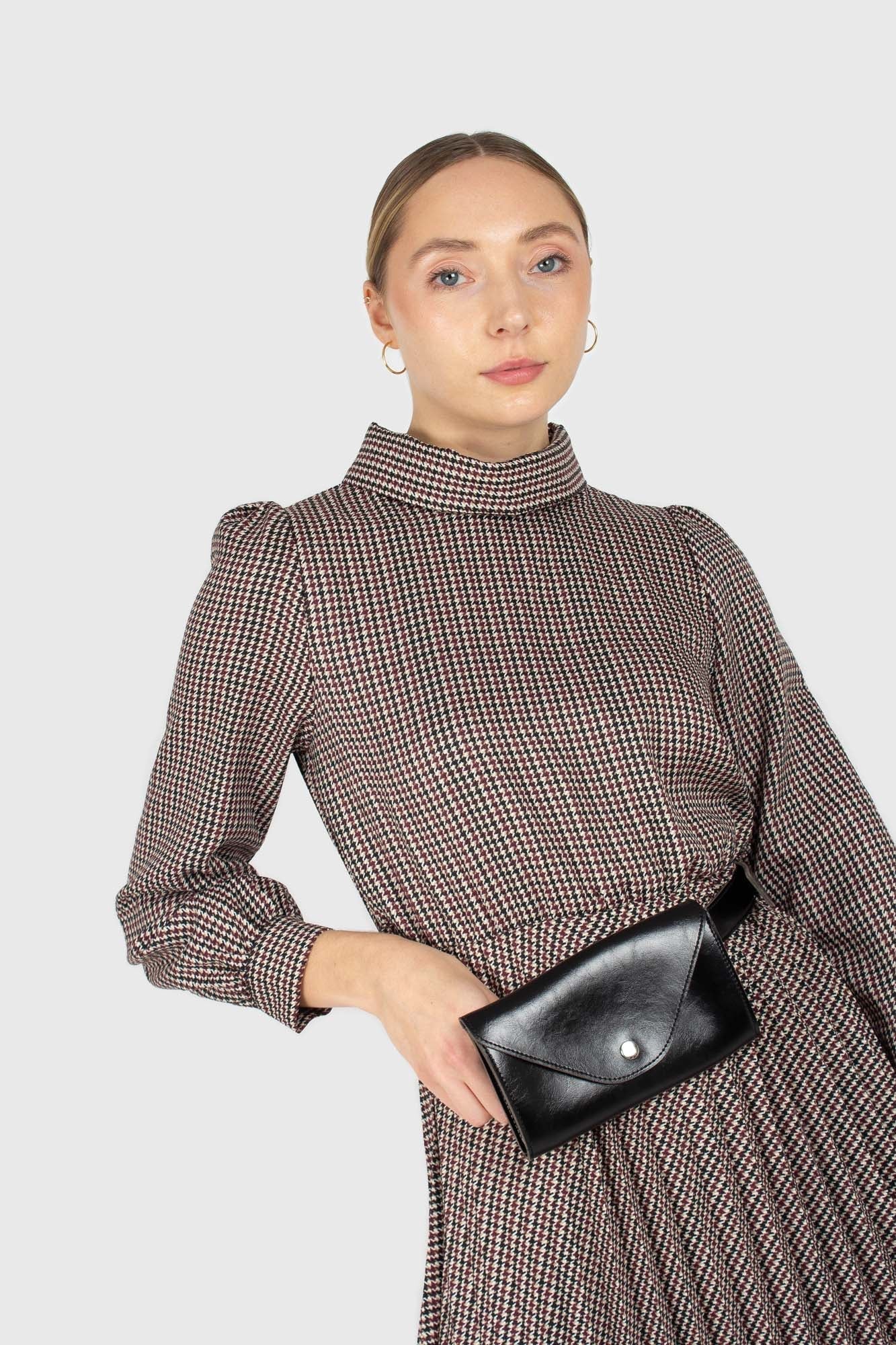 Black and burgundy houndstooth wool belted dress