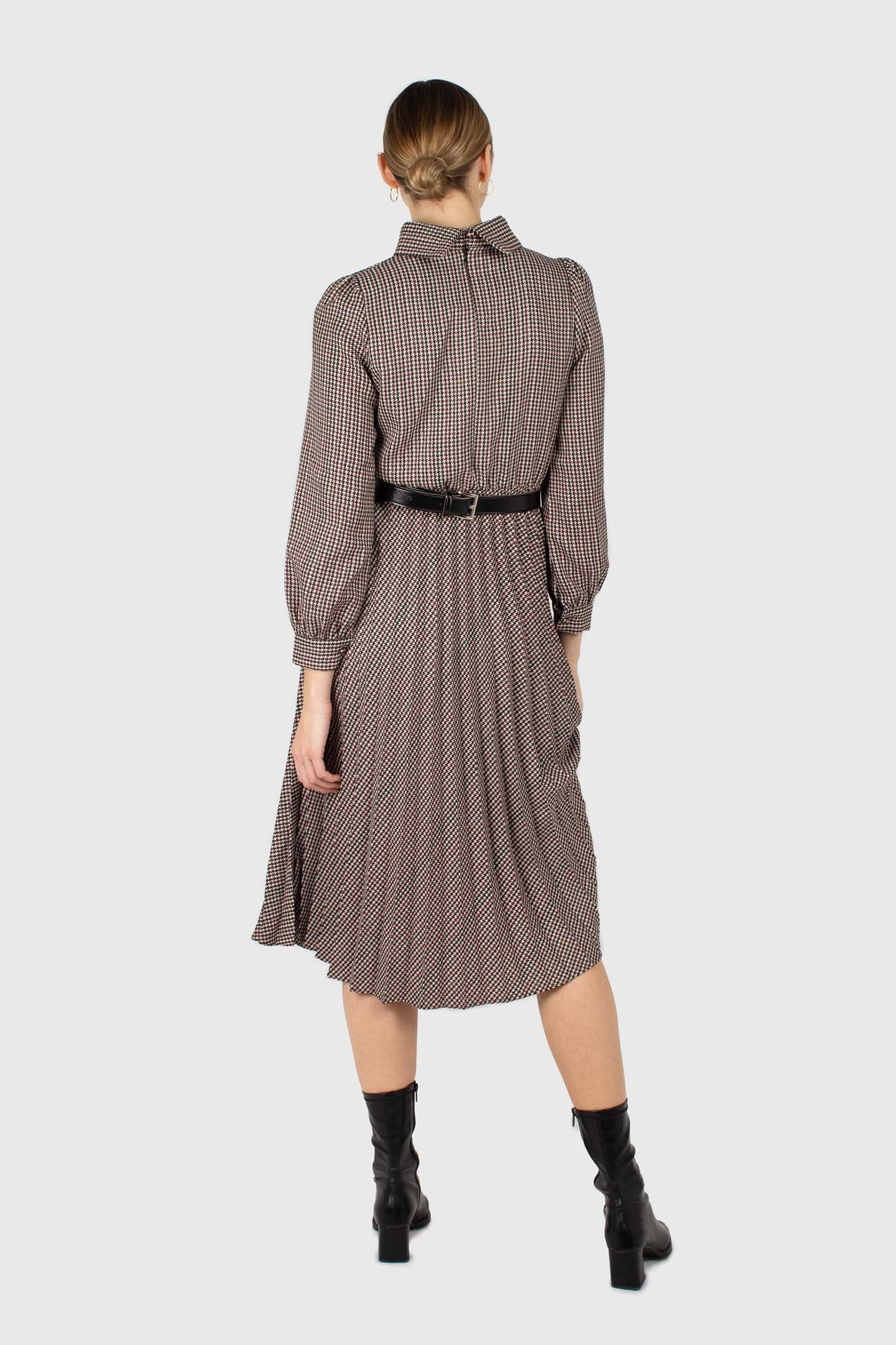 Black and burgundy houndstooth wool belted dress