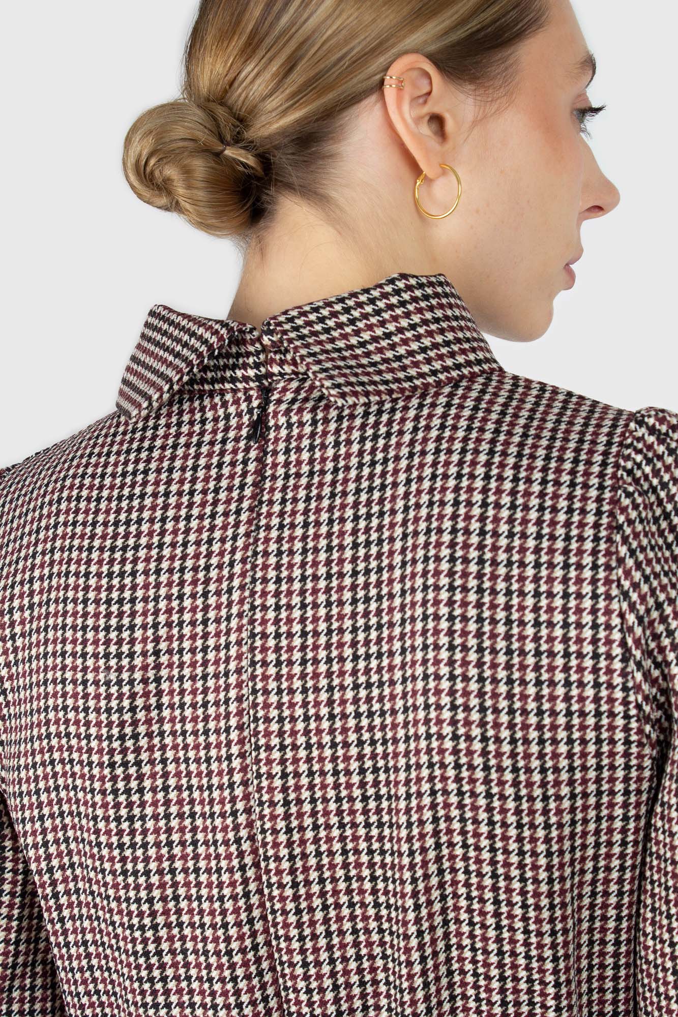 Black and burgundy houndstooth wool belted dress