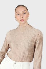 Beige shiny wrinkle mock neck long sleeved top