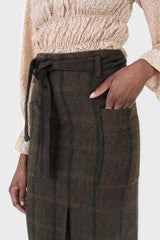 Khaki check belted wool midi skirt