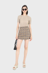 Brown houndstooth fuzzy mini skirt