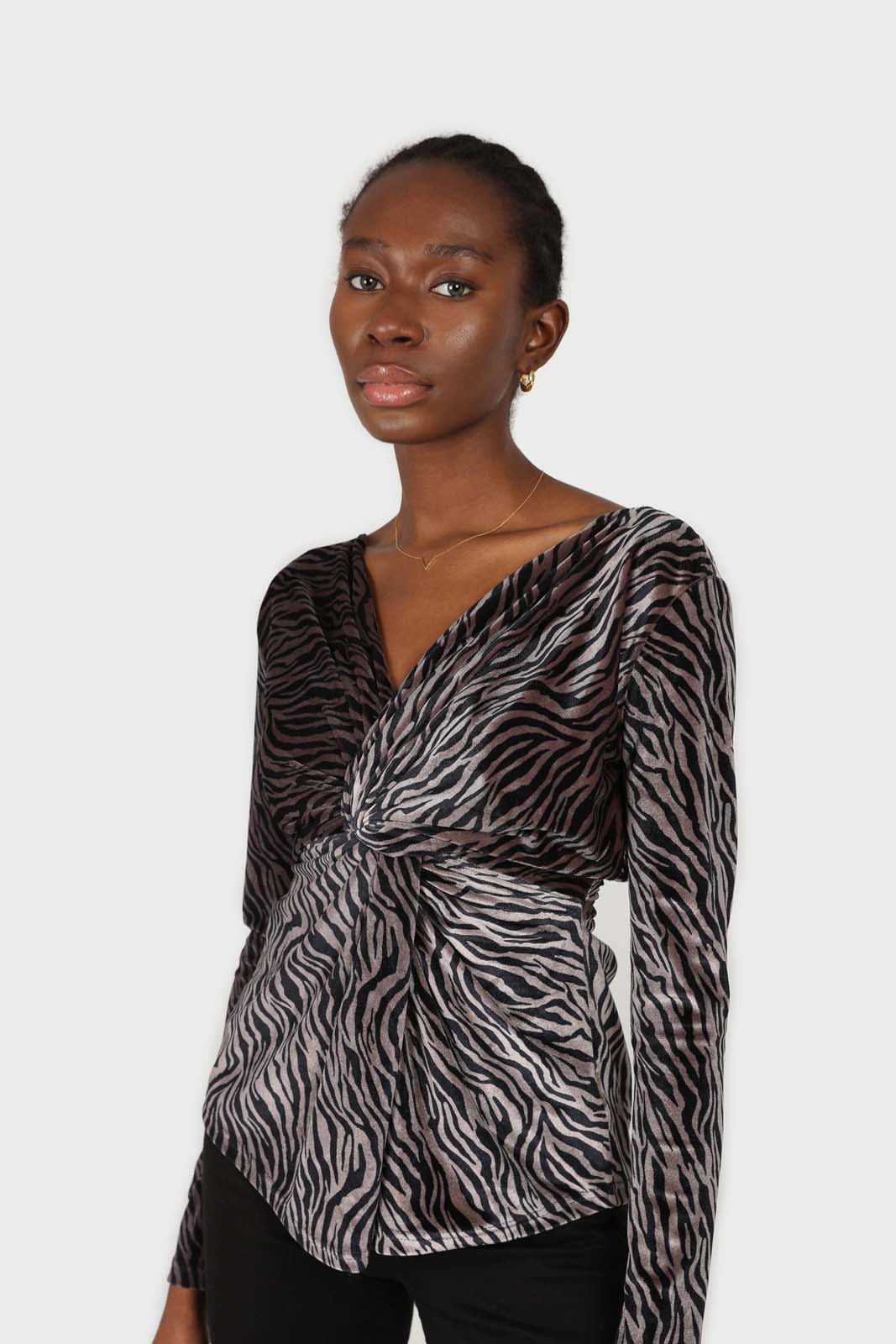 Grey and black zebra twist front off shoulder top