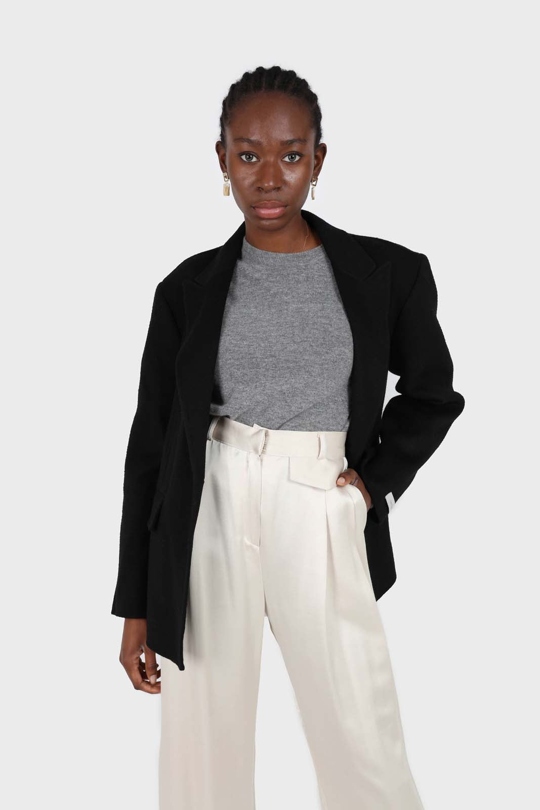 Black wool handmade tailored belted half coat