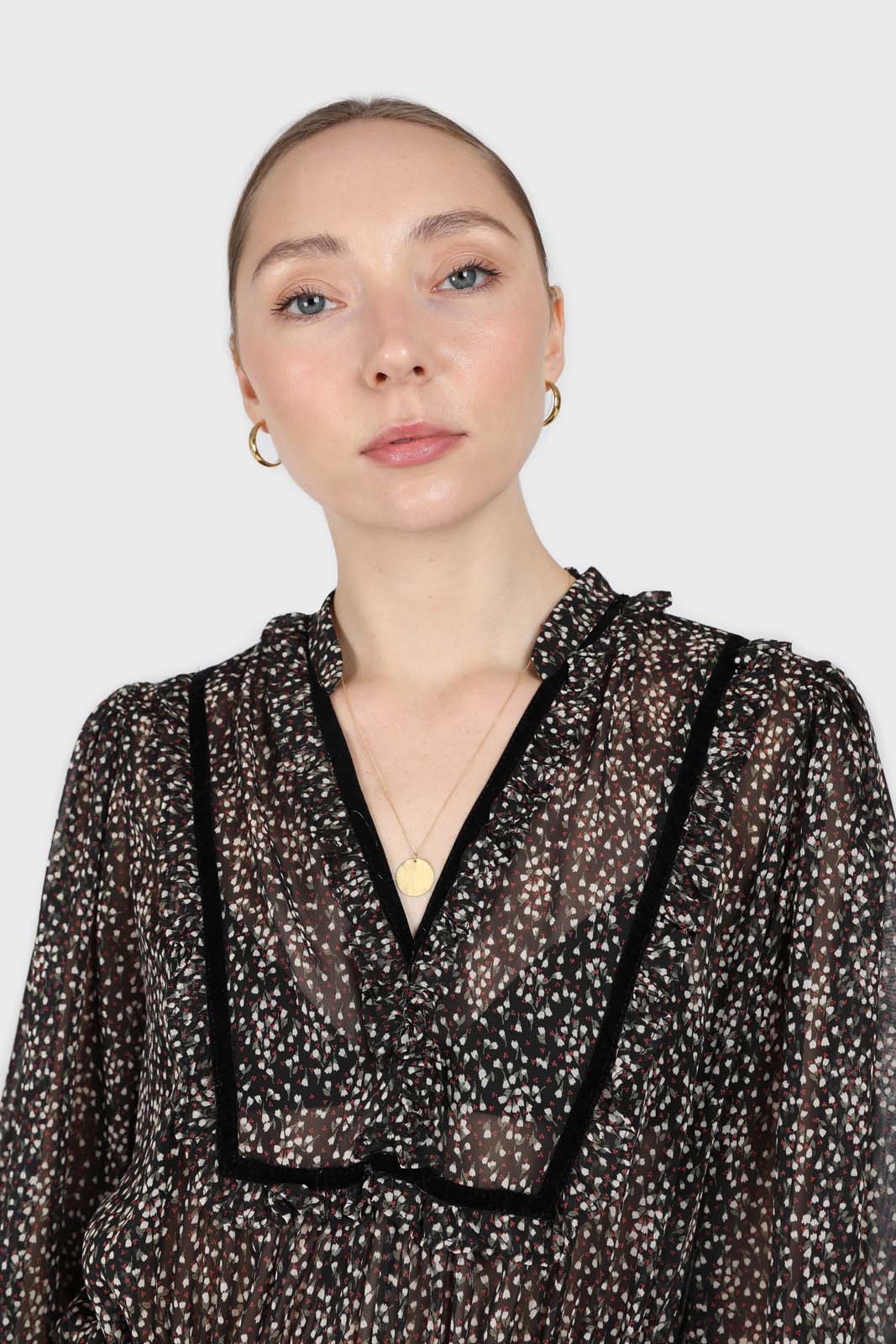Black chiffon velvet trim floral maxi dress