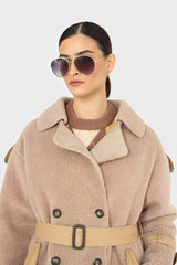 Beige vegan leather trim belted teddy coat