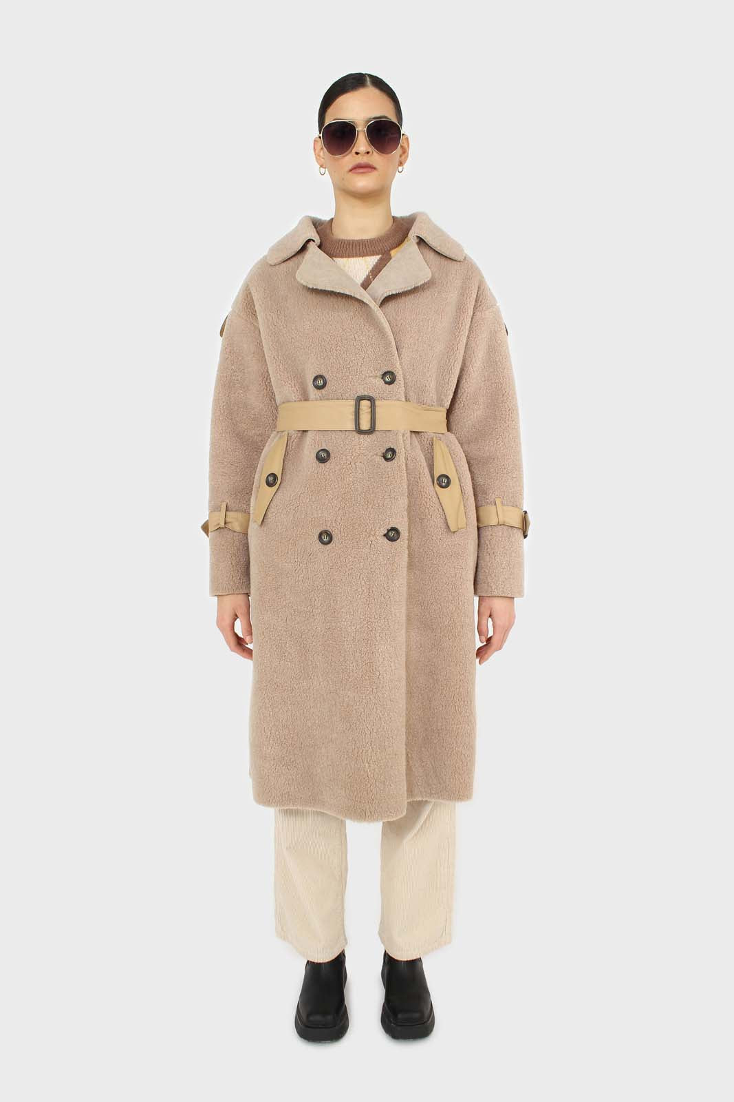 Beige vegan leather trim belted teddy coat