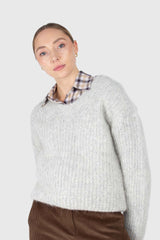 Ice grey hairy alpaca V-neck ribbed jumper