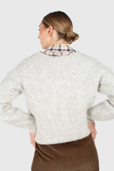 Ice grey hairy alpaca V-neck ribbed jumper