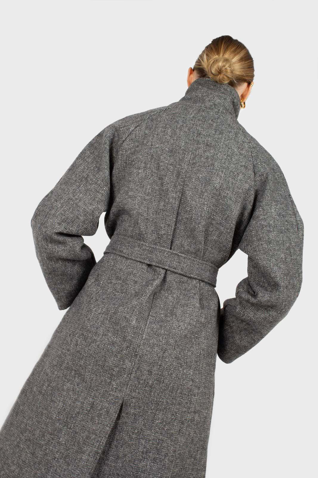 Black herringbone wool long coat