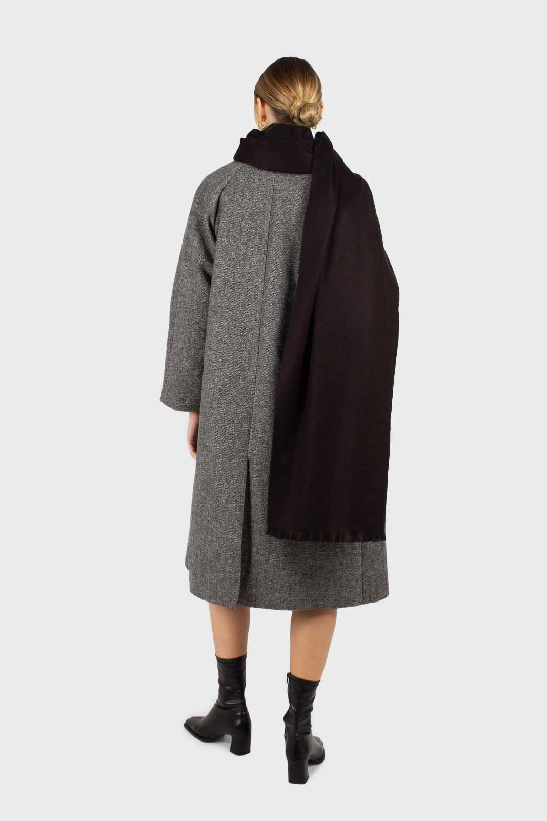 Black herringbone wool long coat