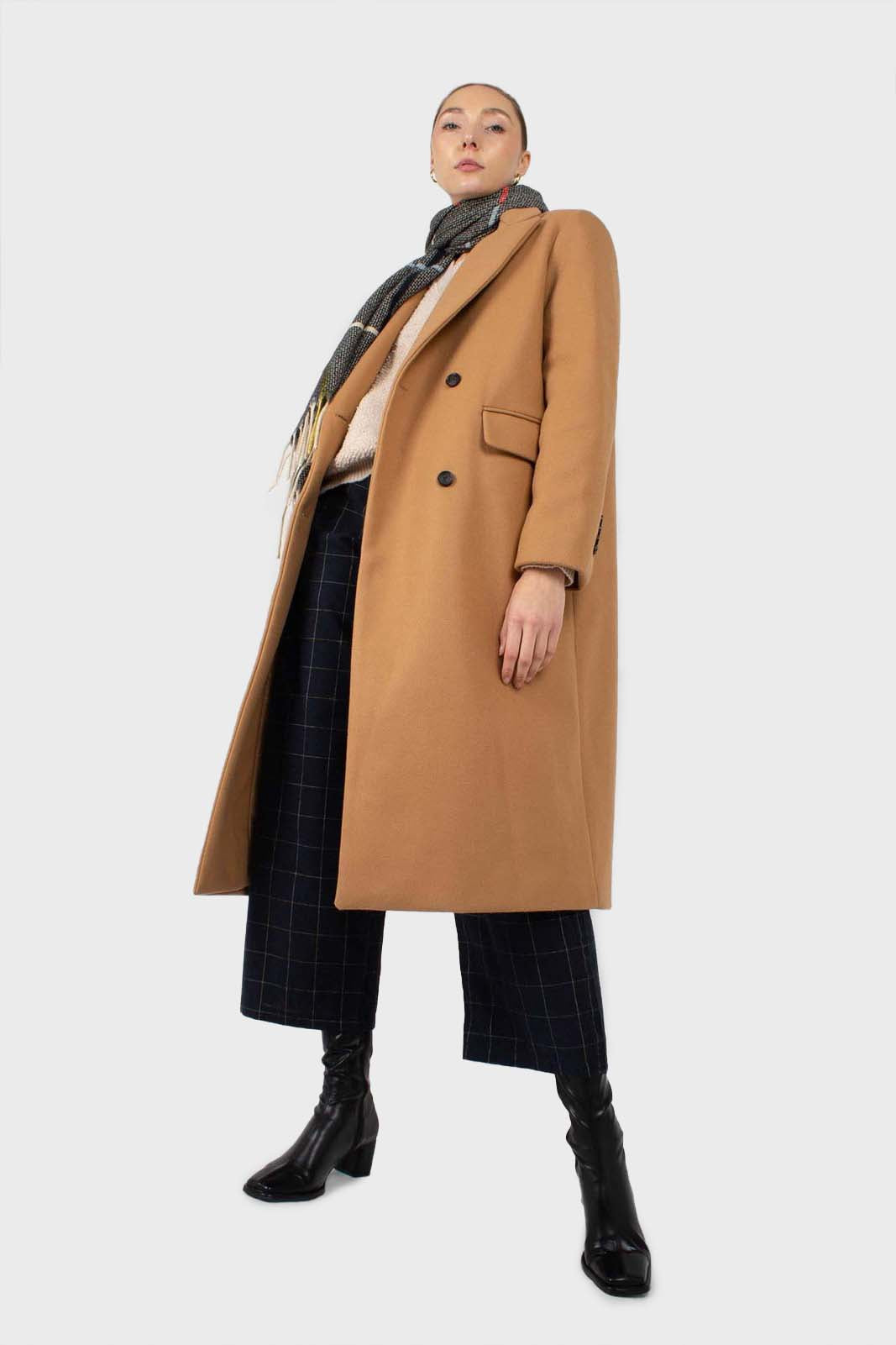 Camel double breasted wool belted long coat