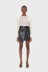 Black vegan leather wrapped tie mini skirt