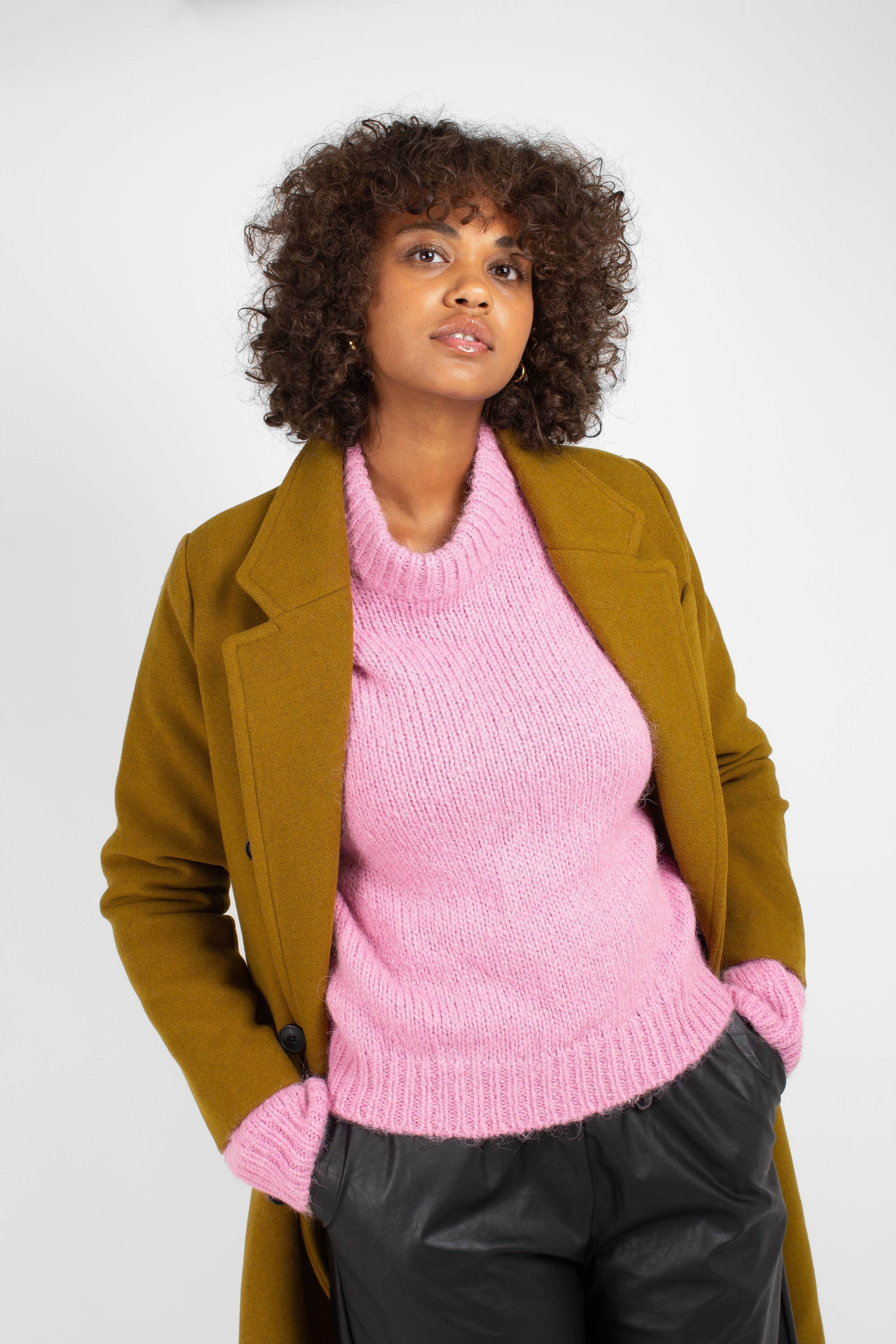 Bright pink high crew neck alpaca jumper