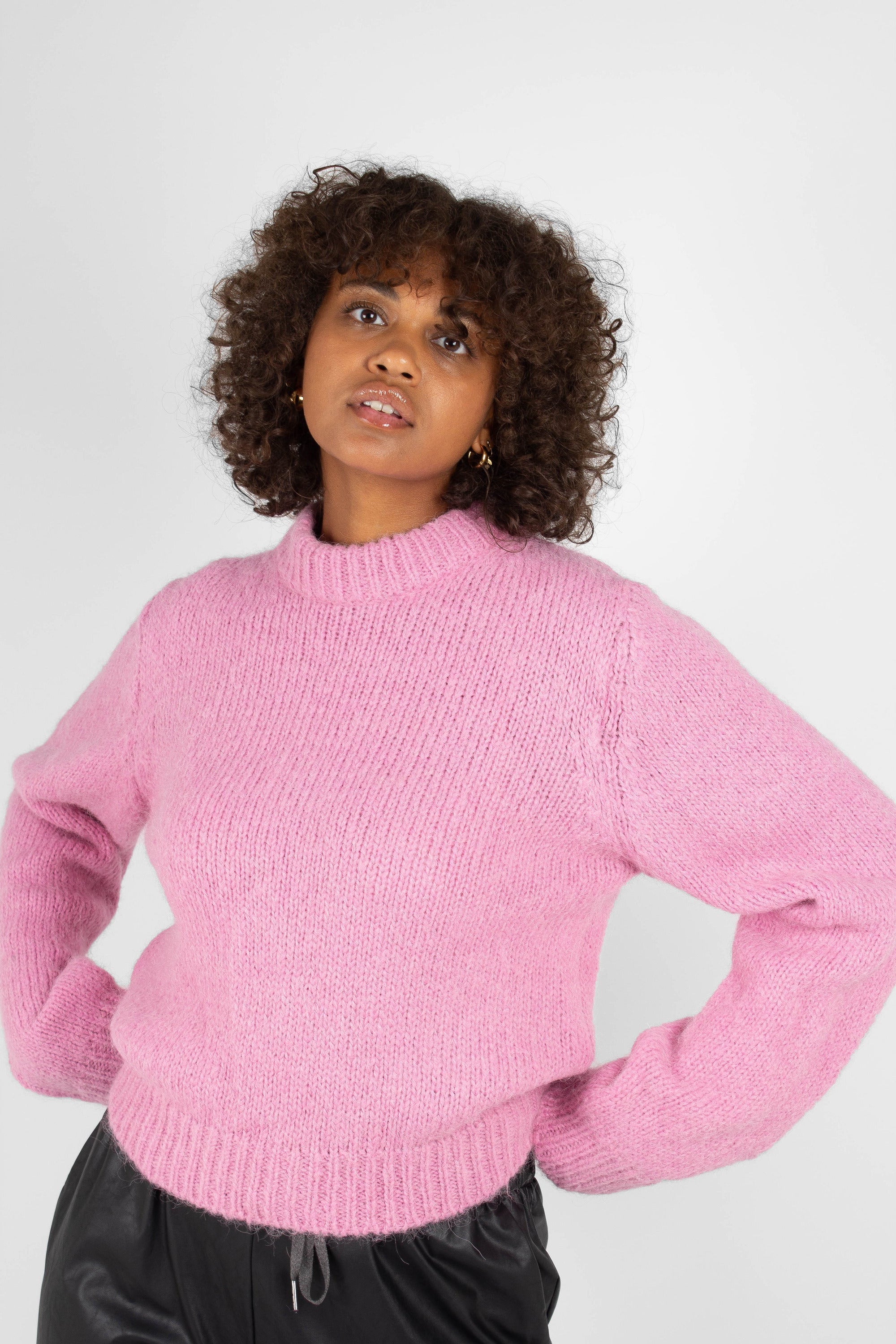 Bright pink high crew neck alpaca jumper