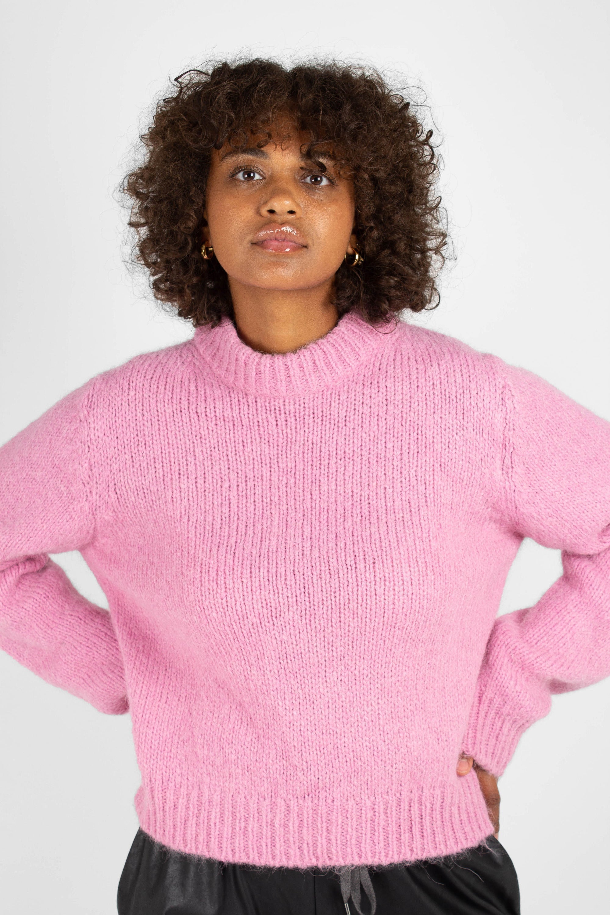 Bright pink high crew neck alpaca jumper