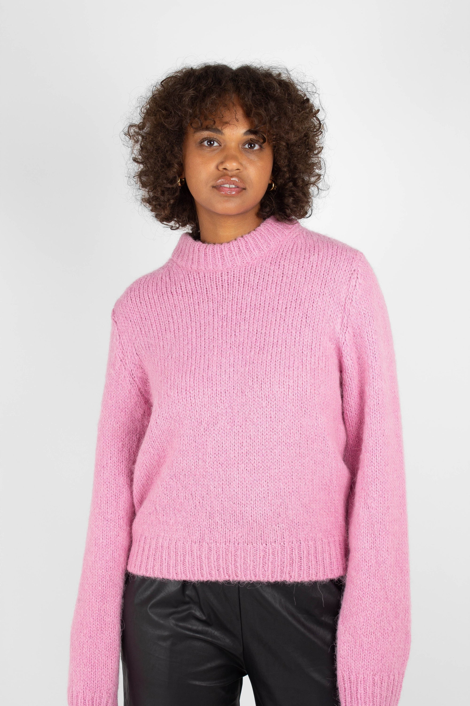 Bright pink high crew neck alpaca jumper