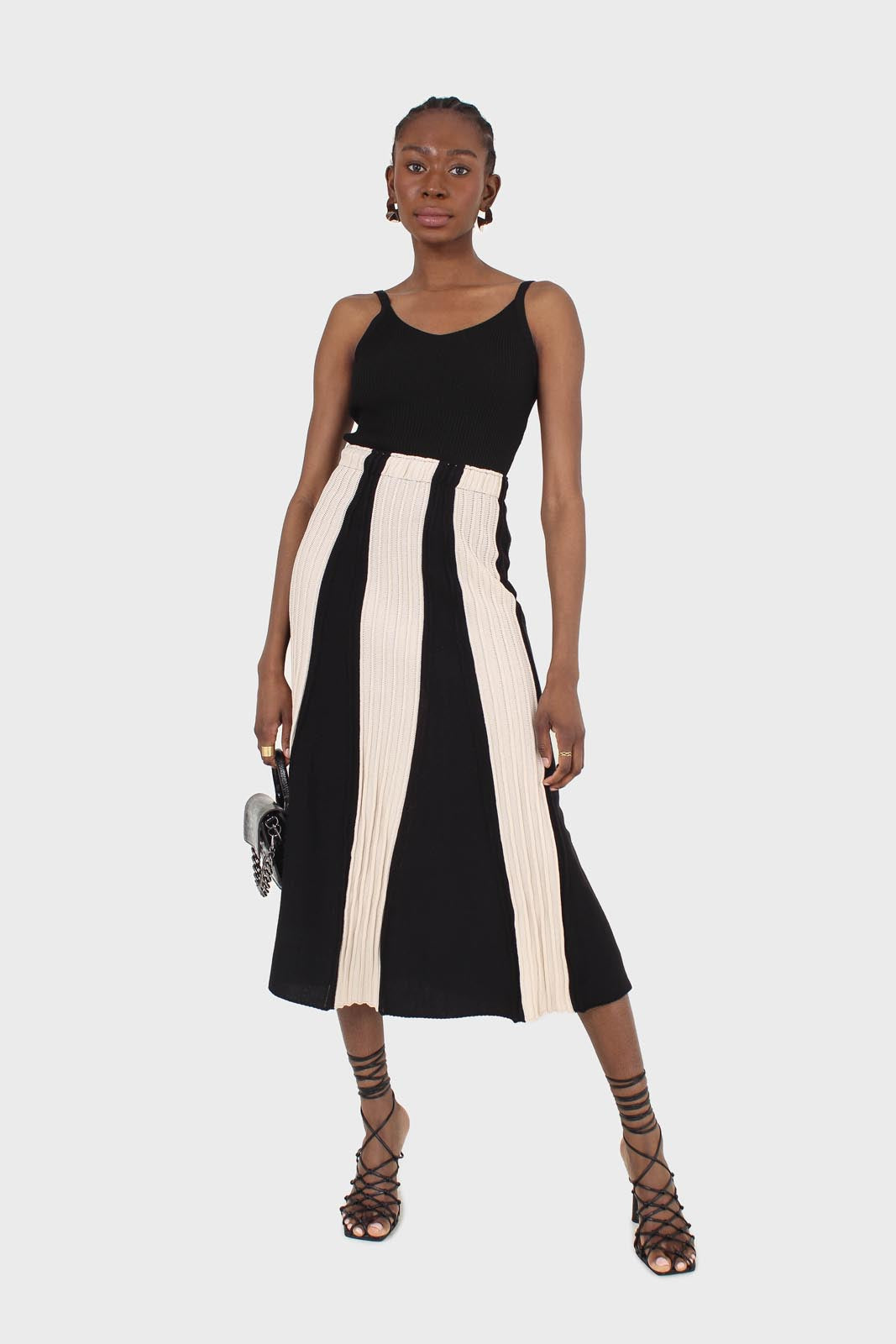 Black and ivory thick stripe flare knit midi skirt