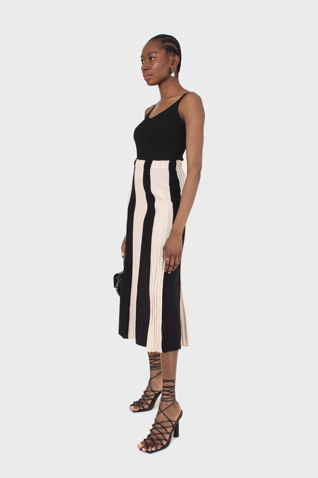 Black and ivory thick stripe flare knit midi skirt