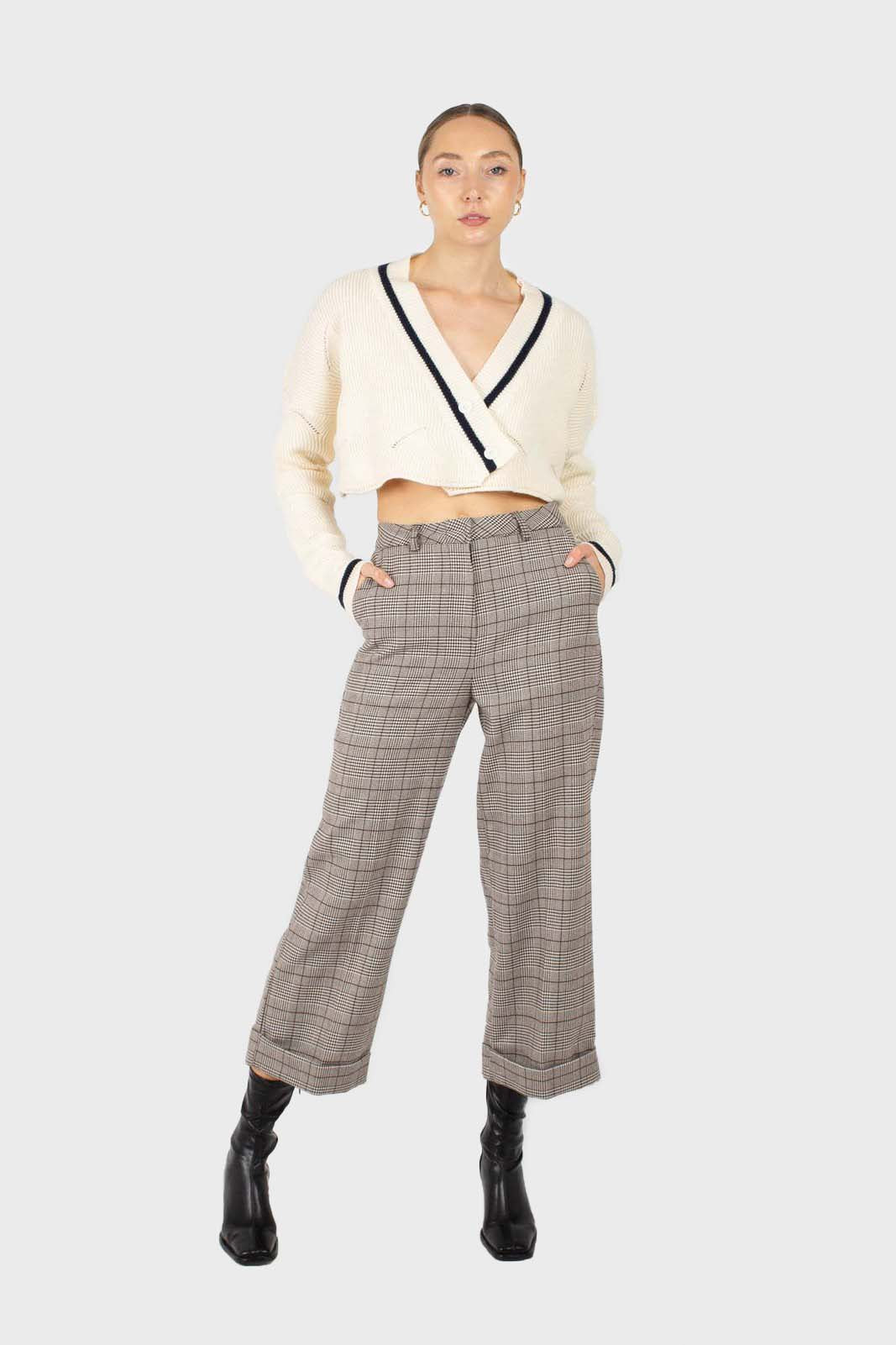 Brown checked turnup wool trousers