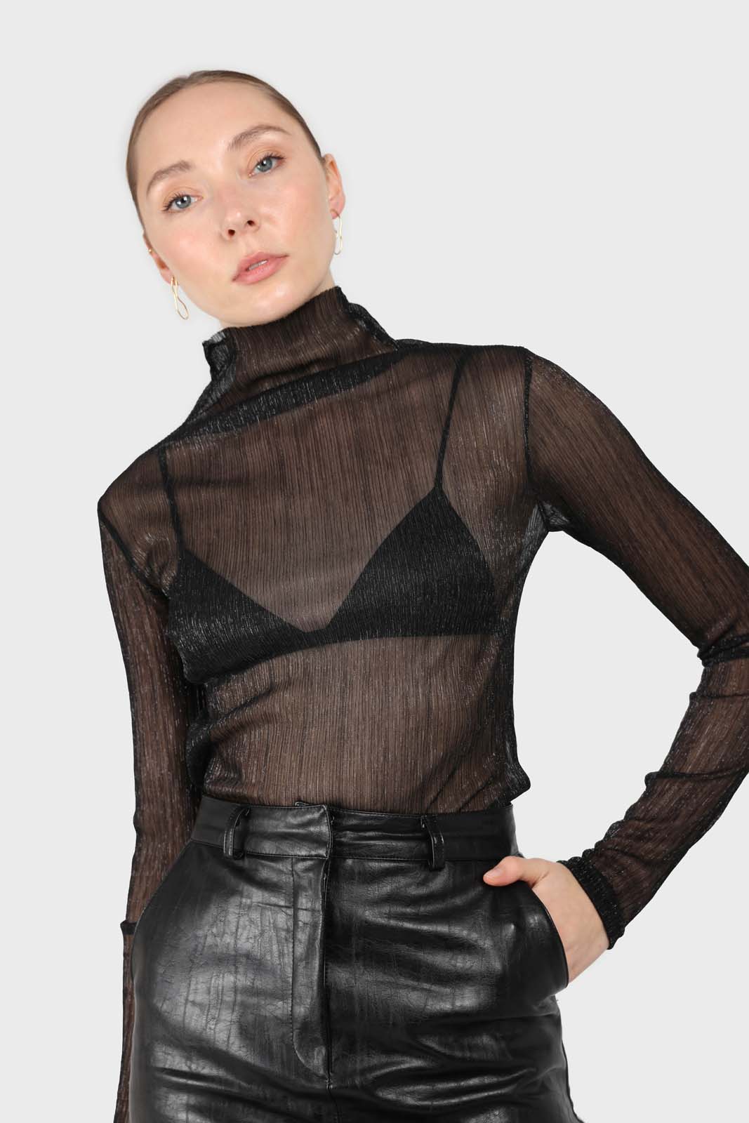 Black metallic sheer turtleneck top