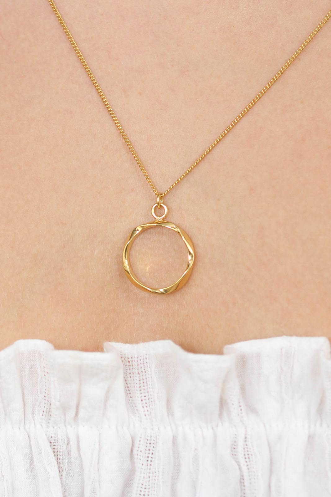 Charm necklace - Gold irregular circle ring pendant - 70cm