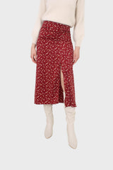 Red and yellow floral side shirring midi skirt