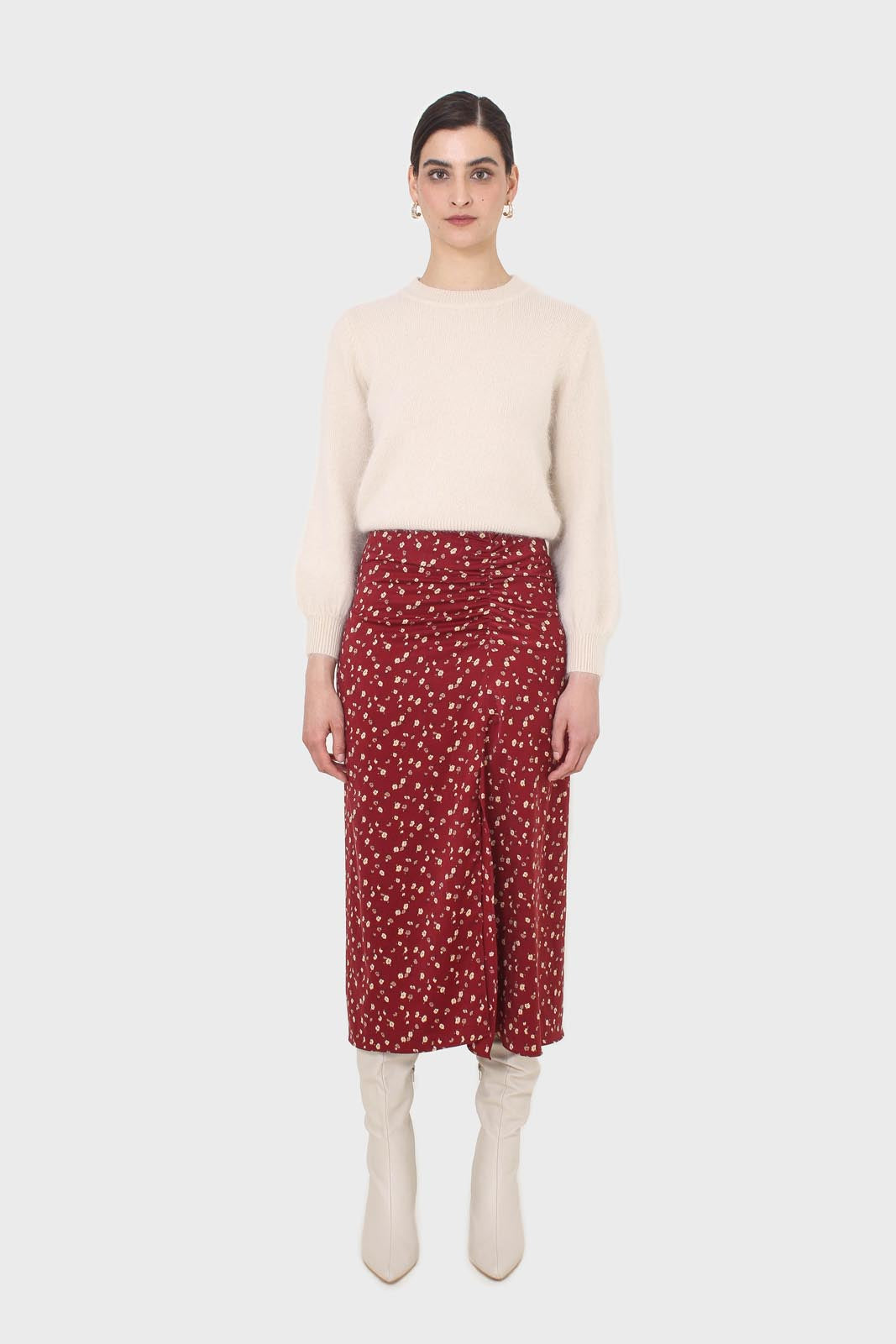 Red and yellow floral side shirring midi skirt