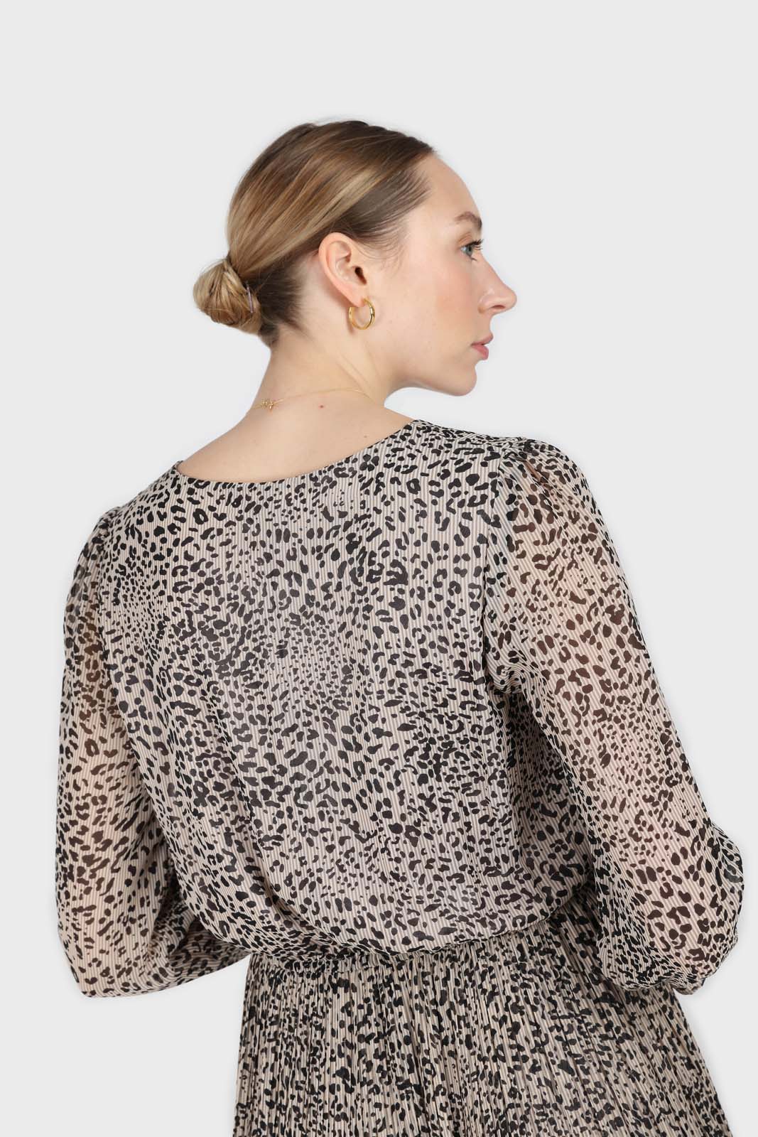 Grey animal print silky micro pleat long sleeved maxi dress