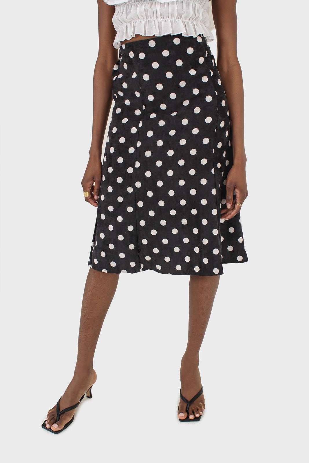 Black and white polka dots flare midi skirt