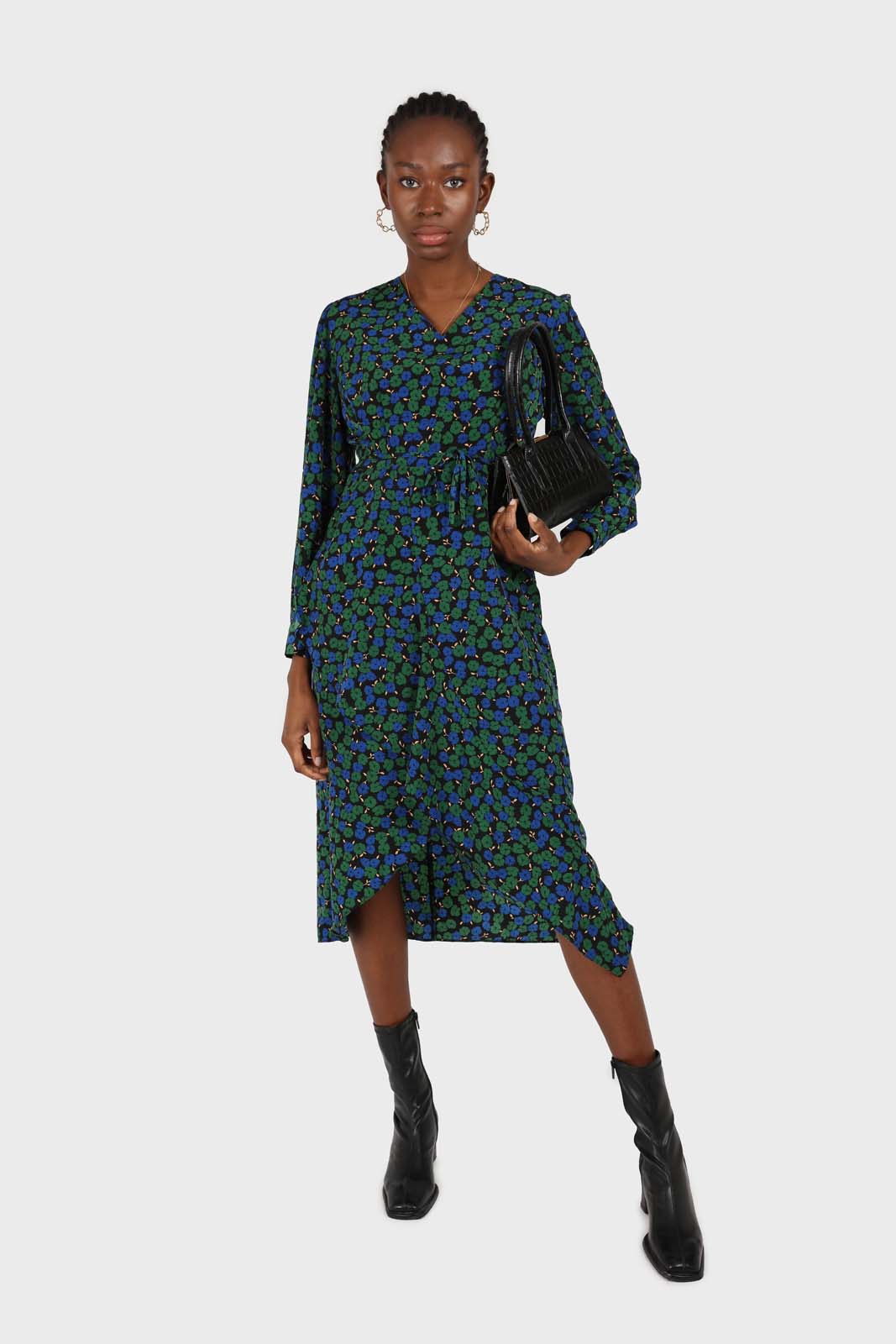Green and teal floral wrap style maxi dress