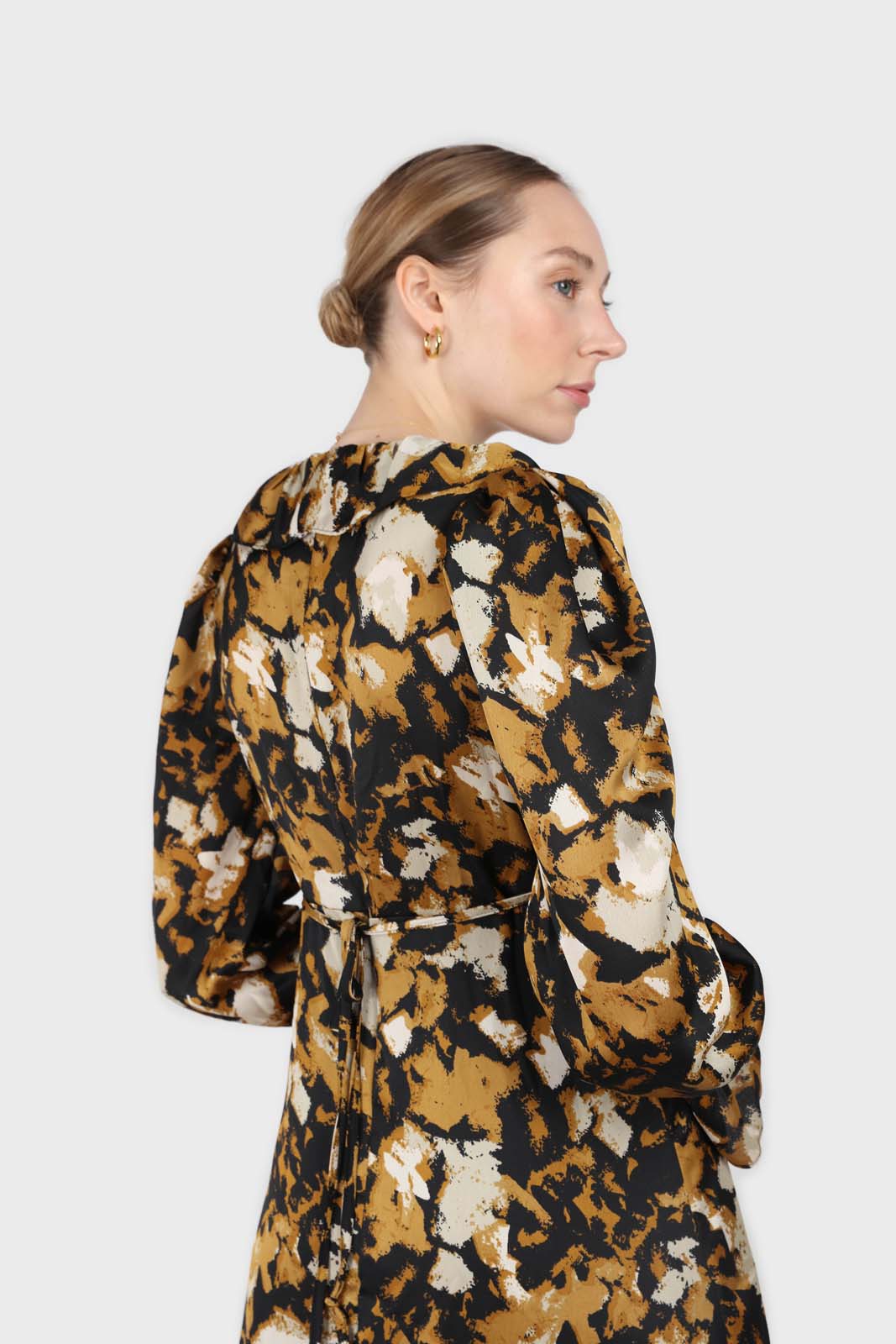 Mustard and black printed wrap maxi dress