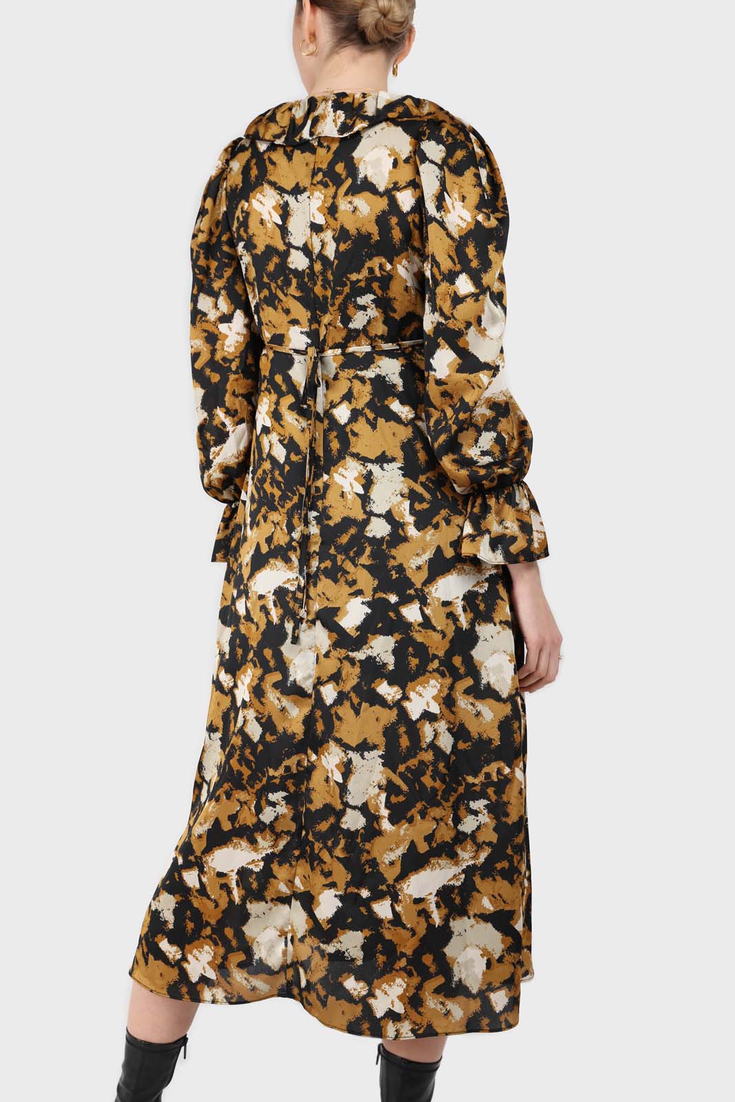 Mustard and black printed wrap maxi dress